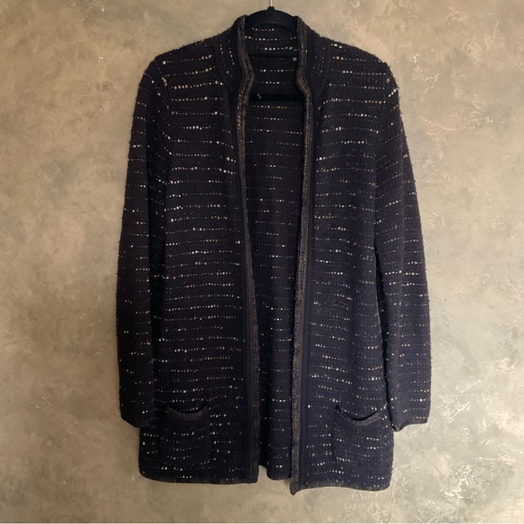 Elie Tahari Wool Blend Marled Knit Detailed Long Cardigan - Picture 2 of 10